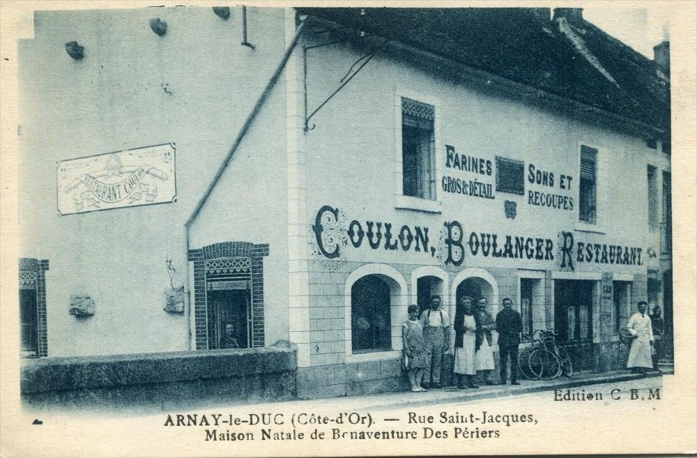Carte postale du restaurant-boulangerie Coulon. Maison natale de Bonaventure des Périers. Carte postale C.B.M.